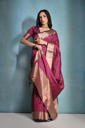 Pink color soft raw silk saree with zari weaving work