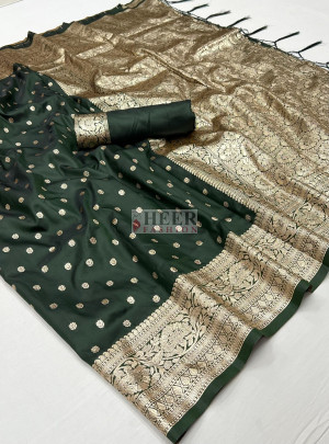 Bottle green color soft banarasi silk saree with zari weaving work