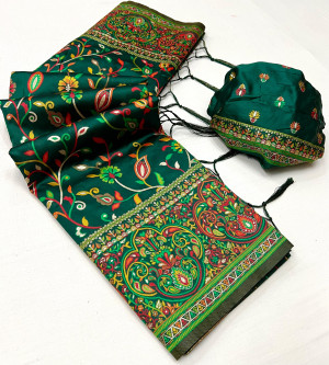 Dark green color soft pashmina silk saree with woven design