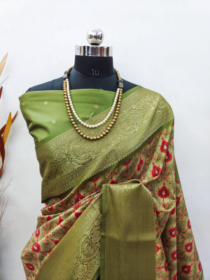 Parrot green color soft lichi silk saree with digital printed work