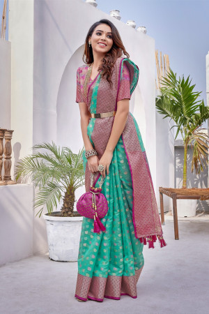 Sea green color soft zarna silk saree with zari weaving work