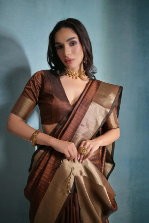 Brown color soft raw silk saree with zari weaving work