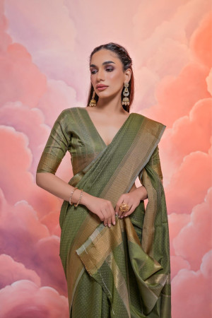 Mahendi green soft resham silk saree with zari weaving work