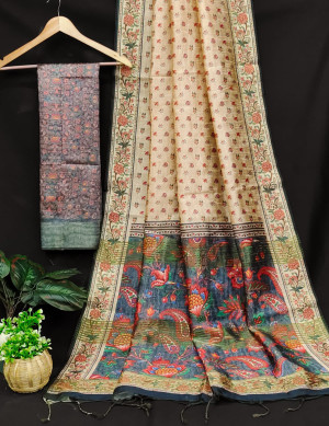Beige color tussar silk saree with floral digital printed work