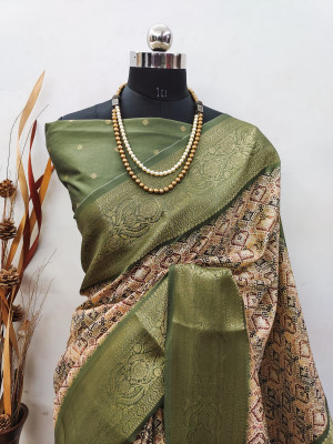 Mahendi green color soft lichi silk saree with digital printed work