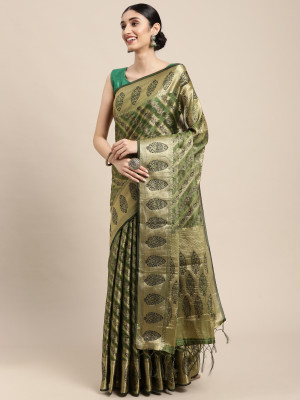 Green color organza silk saree with zari weaving work