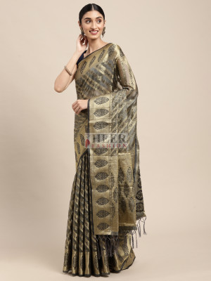 Gray color organza silk saree with zari weaving work