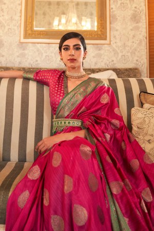 Rani pink color soft banarasi silk saree with zari weaving work
