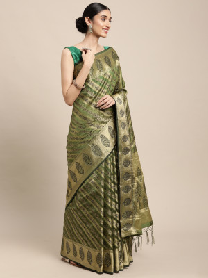 Green color organza silk saree with zari weaving work