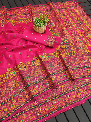 Pink color soft pashmina silk saree with woven design
