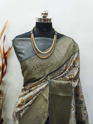 Gray color soft lichi silk saree with digital printed work