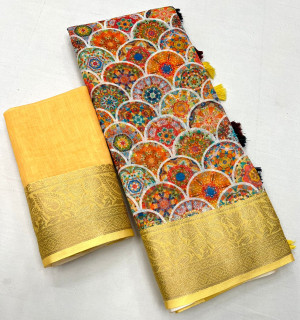 Multi color linen cotton saree with digital printed work