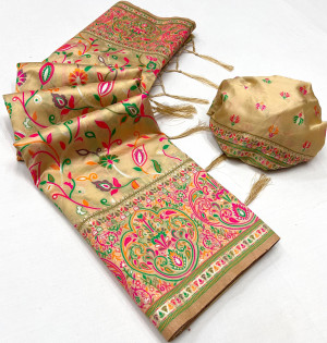 Cream color soft pashmina silk saree with woven design