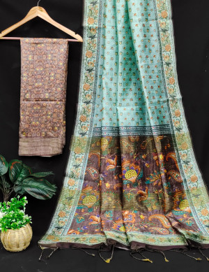Sea green color tussar silk saree with floral digital printed work
