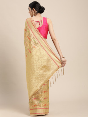 Beige color organza silk saree with zari weaving work