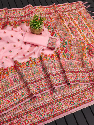Baby pink color soft pashmina silk saree with woven design
