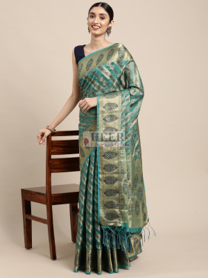 Sky blue color organza silk saree with zari weaving work