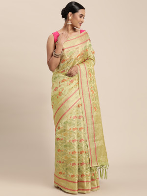 Pista green color organza silk saree with zari weaving work