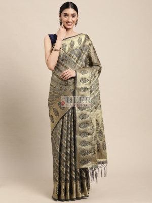 Gray color organza silk saree with zari weaving work