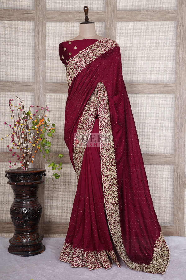 Beguiling Maroon Color Satin Pure Gajji Bandhani Saree With Heavy  Embroidered Silk Blouse