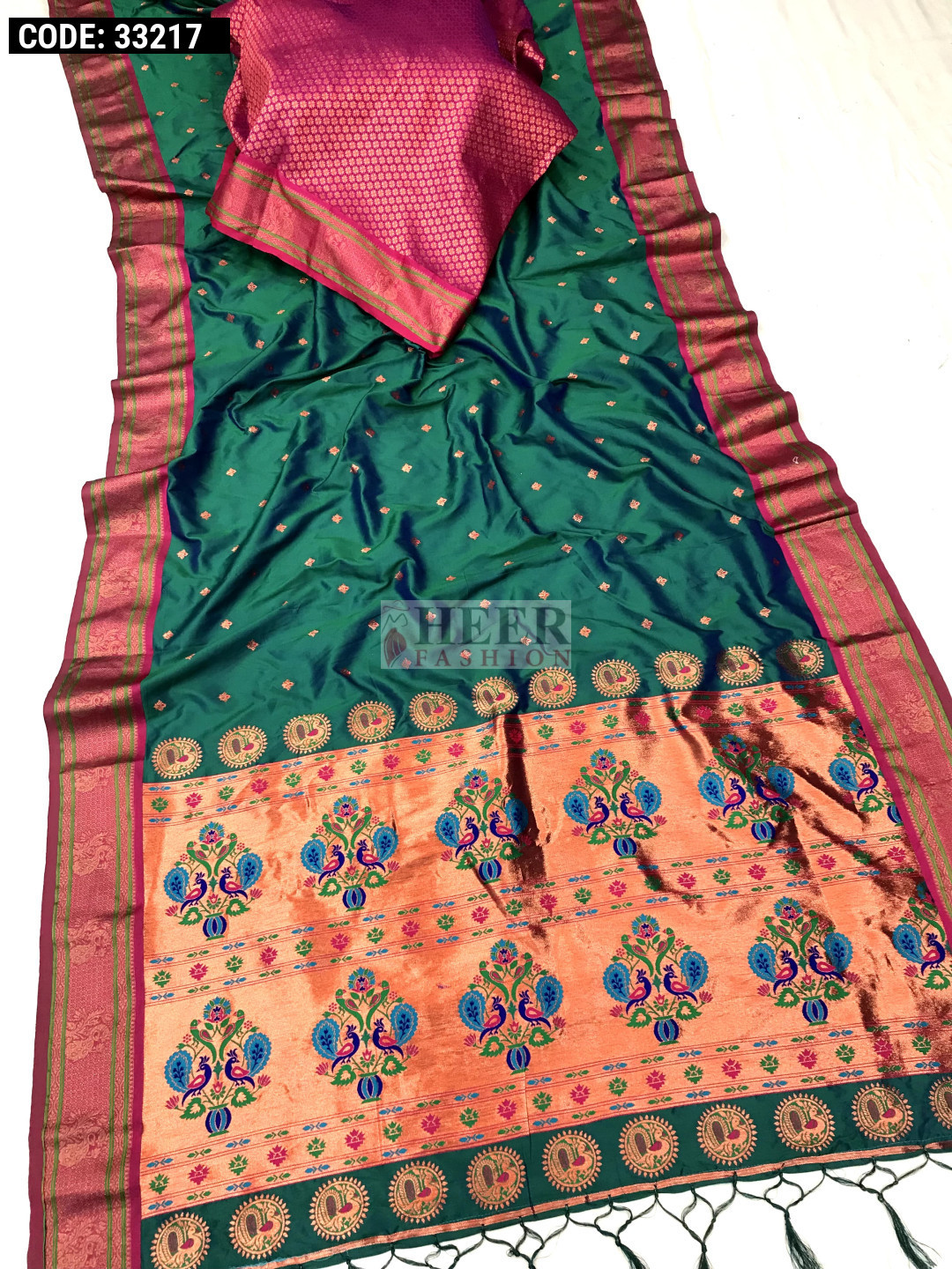 Dark rama green color paithani silk saree with zari weaving work