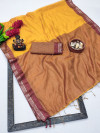 Yellow soft cotton silk saree with zari weaving work
