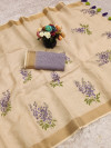 Traditional cream linen cotton saree with digital printed work