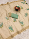 Traditional cream linen cotton saree with digital printed work