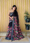 Black floral digital printed soft linen cotton saree