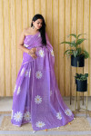Lavender linen cotton saree with floral printed work