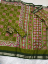 Mahendi green ajrakh printed linen cotton saree with mirror work