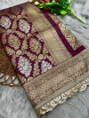 Wine premium banarasi katan silk saree with zari weaving & lace border