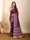 Maroon traditional muslin dola silk saree with meenakari zari weaving work