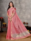 Pink soft linen silk saree with zari weaving work