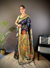 Navy blue traditional banarasi silk saree with jal meenakari zari weaving work