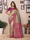 Gray and magenta handloom tissue silk saree with zari weaving work