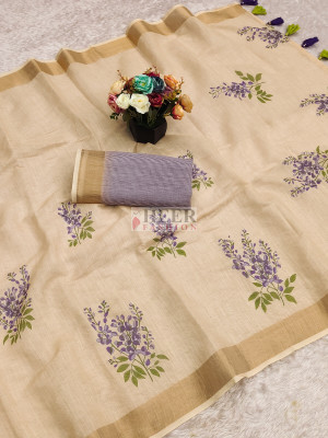 Traditional cream linen cotton saree with digital printed work