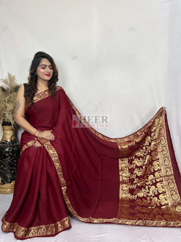 PURE MODAL SILK ZARI BORDER SAREE IN GRAY WITH INDIGO AJRAKH PRINT