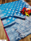 Blue color soft banarasi silk weaving work saree