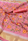 Pink color Linen silk Embroidered work saree