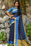 Blue color Chanderi Cotton checkered Work saree