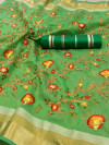 Green color Linen silk Embroidered work saree