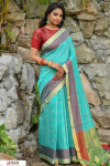 Rama green color Chanderi Cotton checkered Work saree