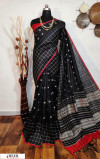 Black color Raw silk checks border saree