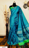 Blue color Raw silk checks border saree