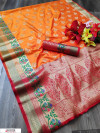 Orange color soft banarasi silk weaving work saree