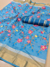 Sky blue color Linen silk Embroidered work saree