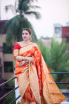 Orange color Soft Banarasi Silk Weaving checkered Work saree