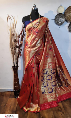 Red color Banarasi art silk weaving work saree