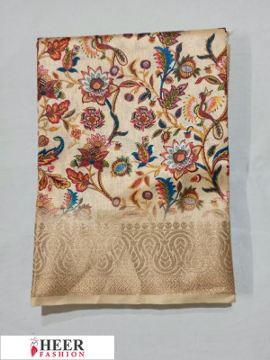 Cream color Soft muga silk Digital printed saree